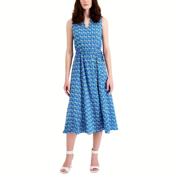 Anne Klein Plus Size 0X Blue Printed Drawstring Midi Dress NEW - Picture 1 of 11